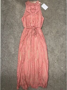 Wayf Coral Pink Crochet Lace Halter Tie-Waist Midi Dress NWT Small